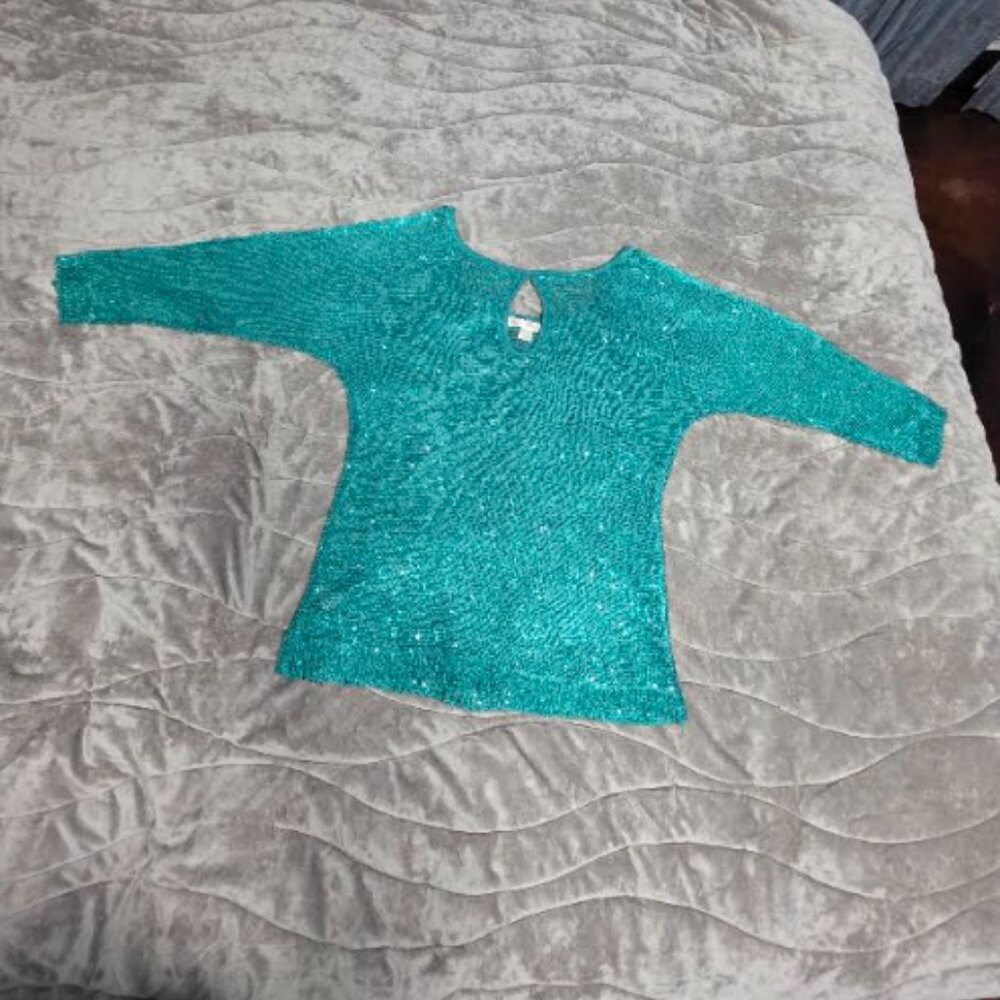 Women fancy festive lurex knitted holiday sparkle Blouse green/teal color